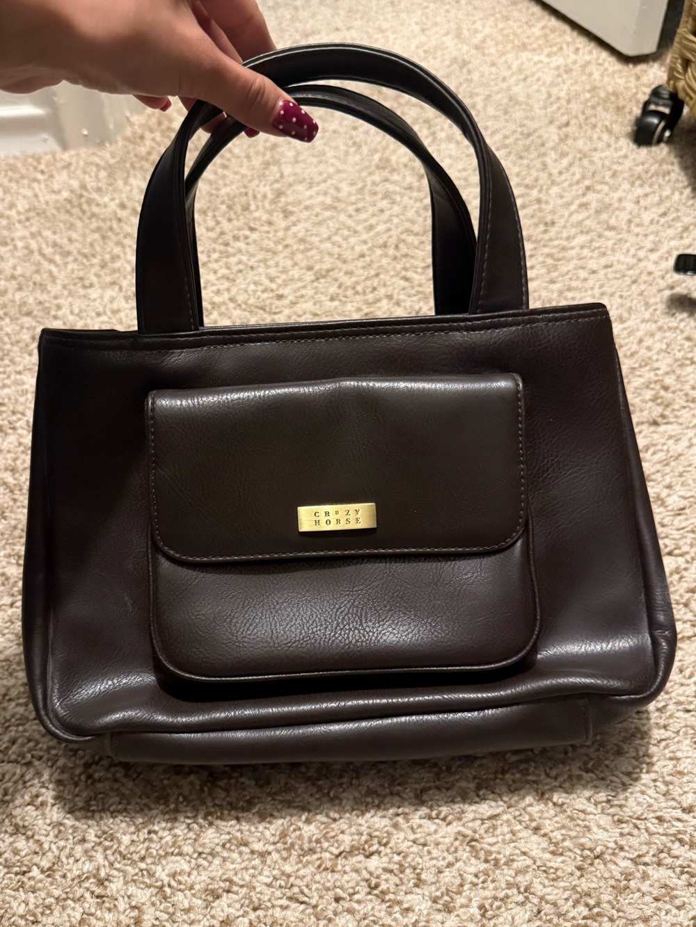 Liz Claiborne Y2K “Crazy Horse”Dark Brown Leather Shoulder Bag with Front Pocket